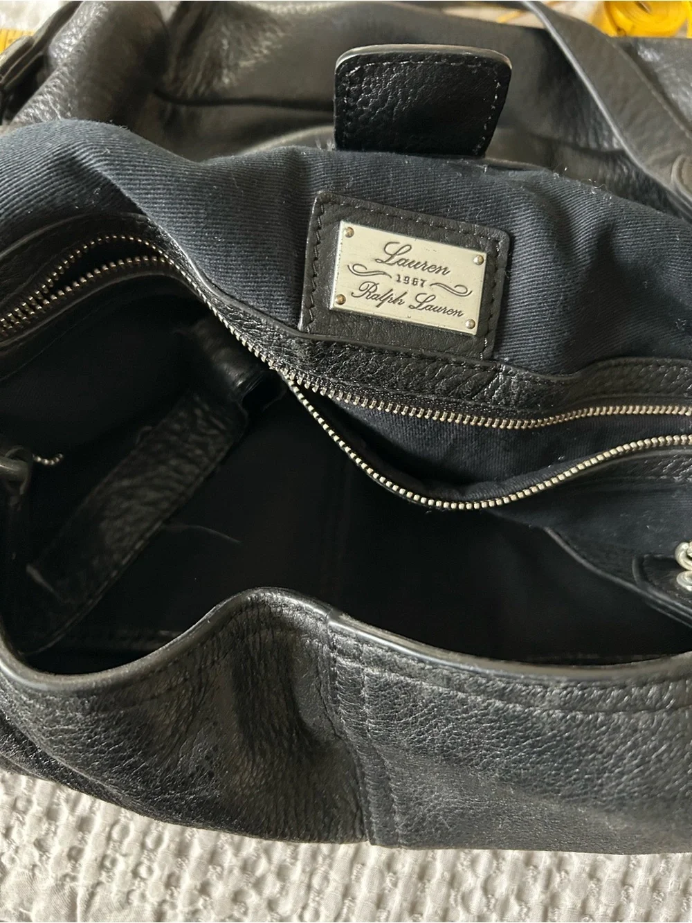 Ralph Lauren Black Leather Shoulder Tote Bag with Front Buckle Pockets
